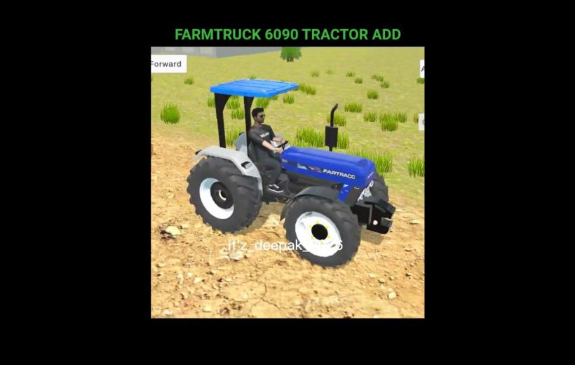 Blue Farmtracc tractor with driver parked on dry field under a small canopy