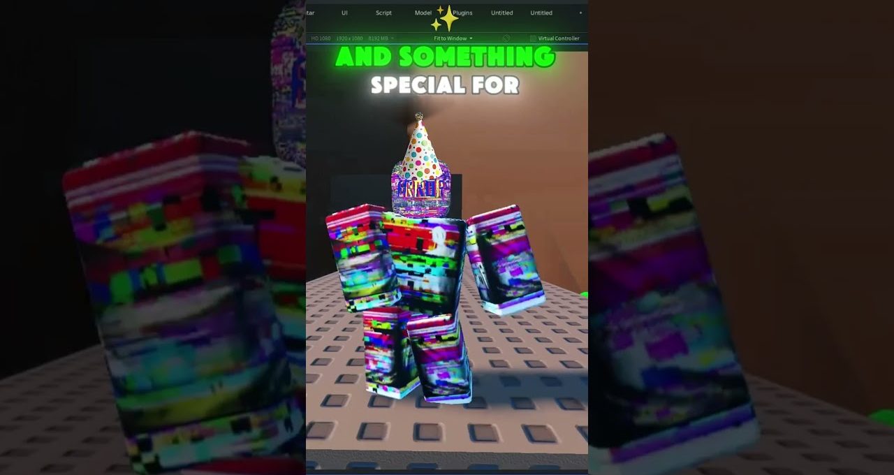Colorful glitchy Roblox avatar wearing a polka-dot party hat on studded platform