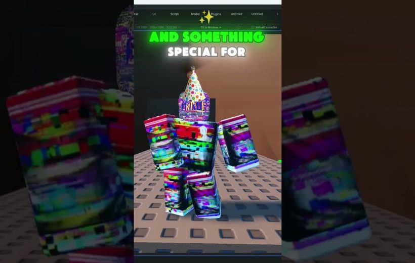 Colorful glitchy Roblox avatar wearing a polka-dot party hat on studded platform