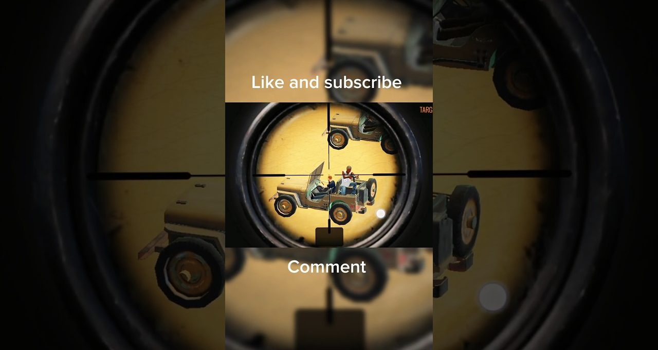 Player aiming through sniper scope at a jeep with two characters inside on desert sand