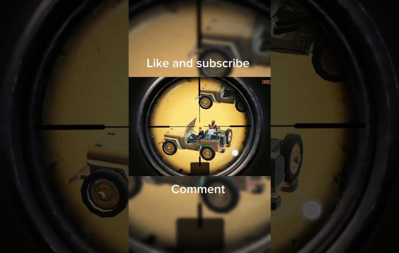 Player aiming through sniper scope at a jeep with two characters inside on desert sand