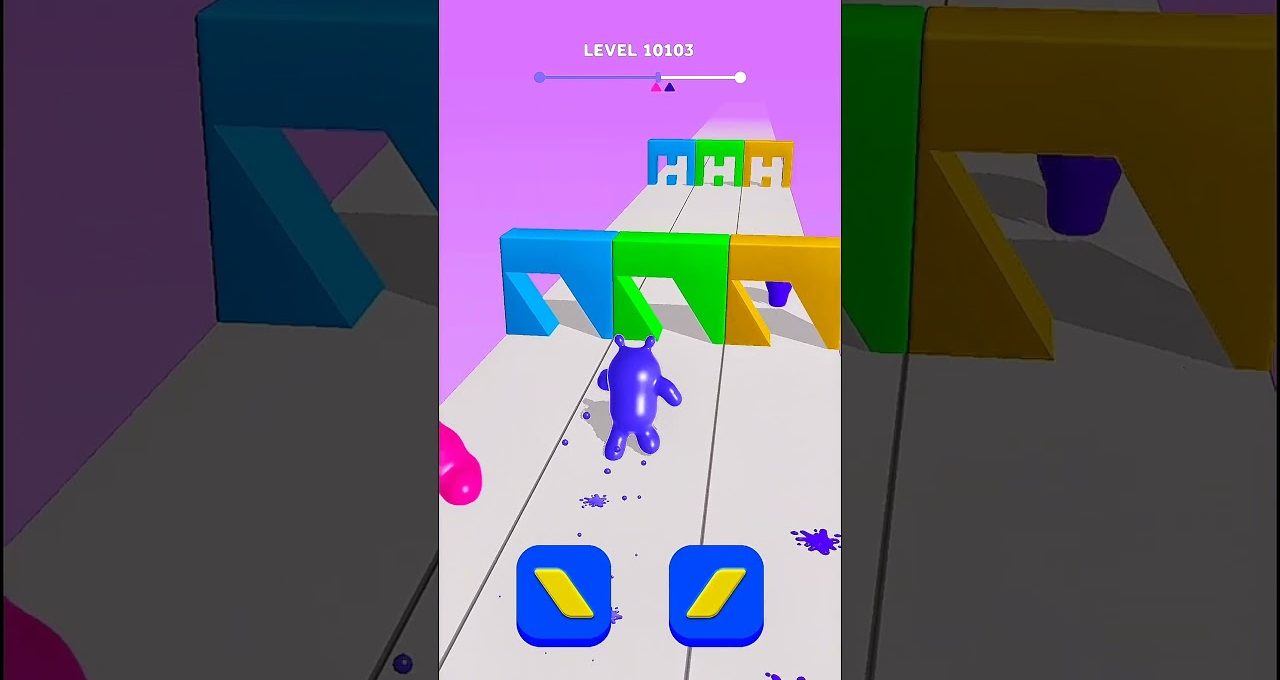 Colorful mobile game level showing a purple character running toward blue, green, yellow gates.