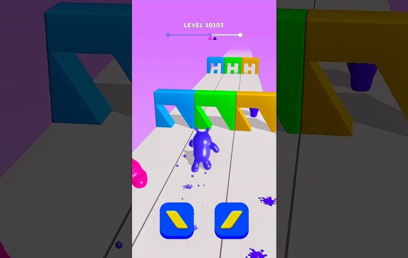 Colorful mobile game level showing a purple character running toward blue, green, yellow gates.