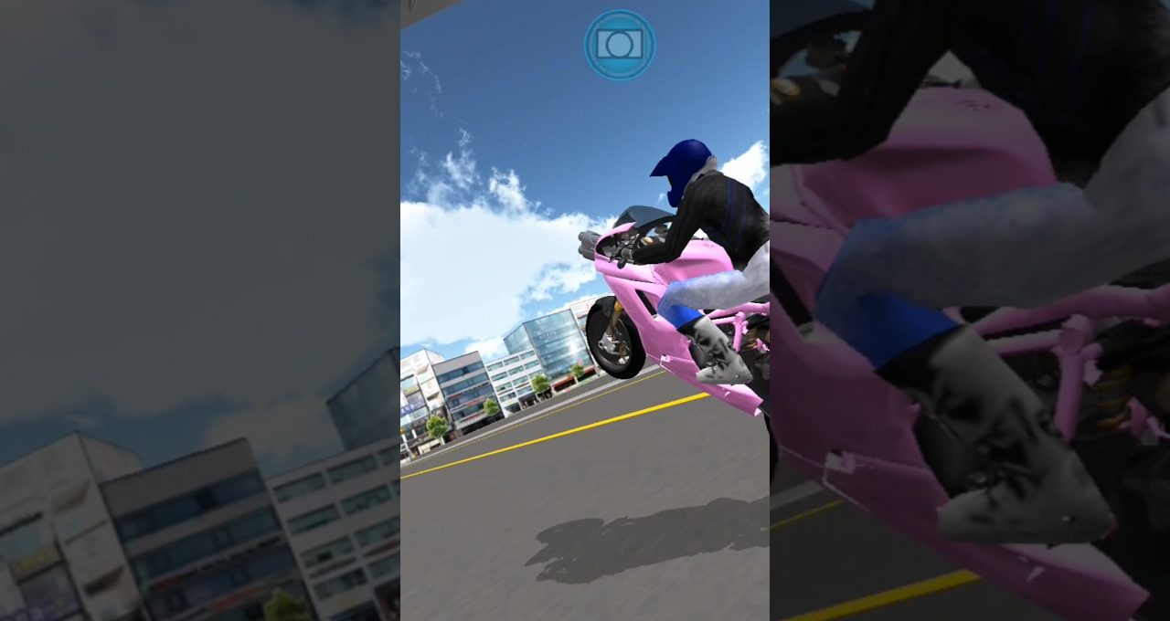 Motorcyclist in blue helmet performing a wheelie on a pink sportbike through city