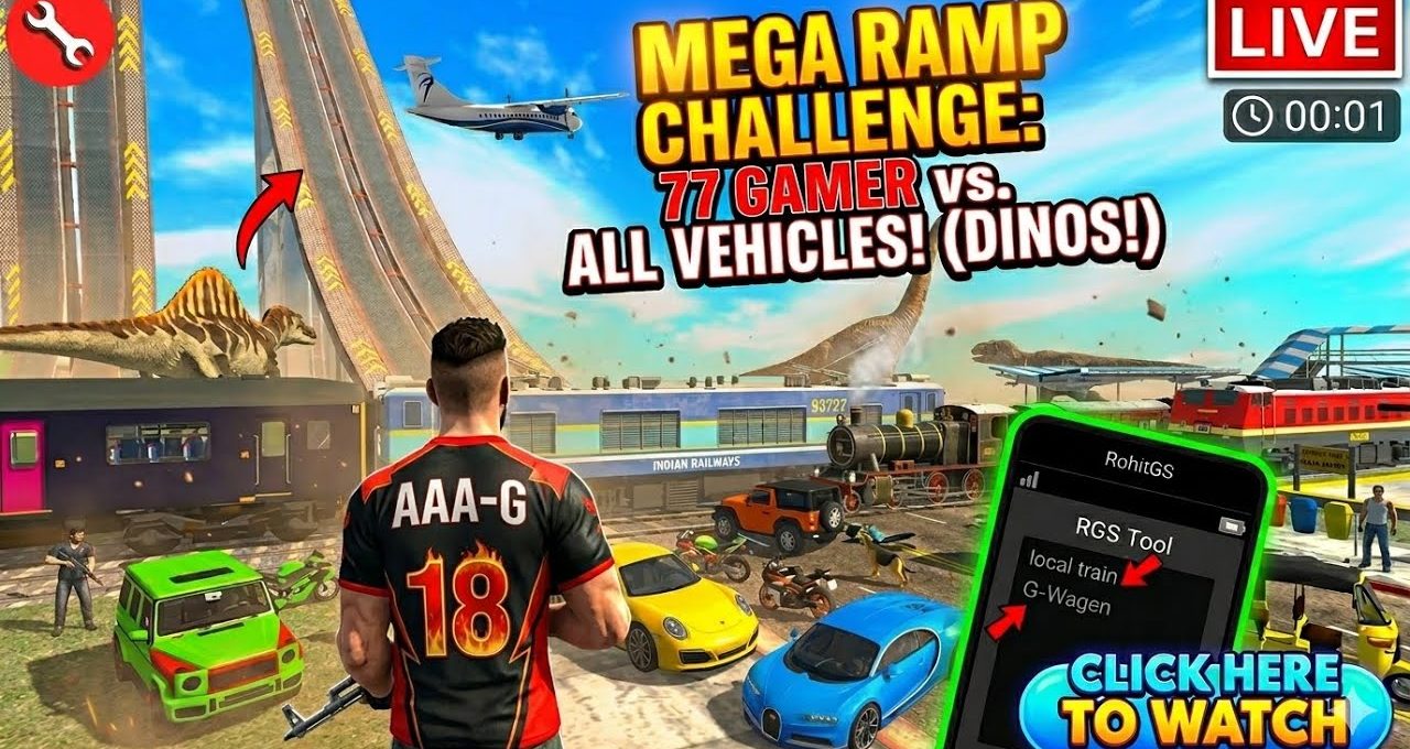 Gamer character overlooking chaotic mega ramp scene with cars, trains, dinosaurs, and plane