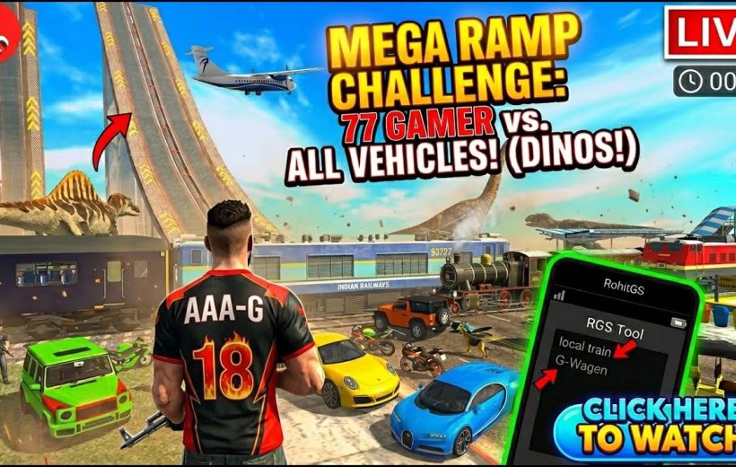 Gamer character overlooking chaotic mega ramp scene with cars, trains, dinosaurs, and plane