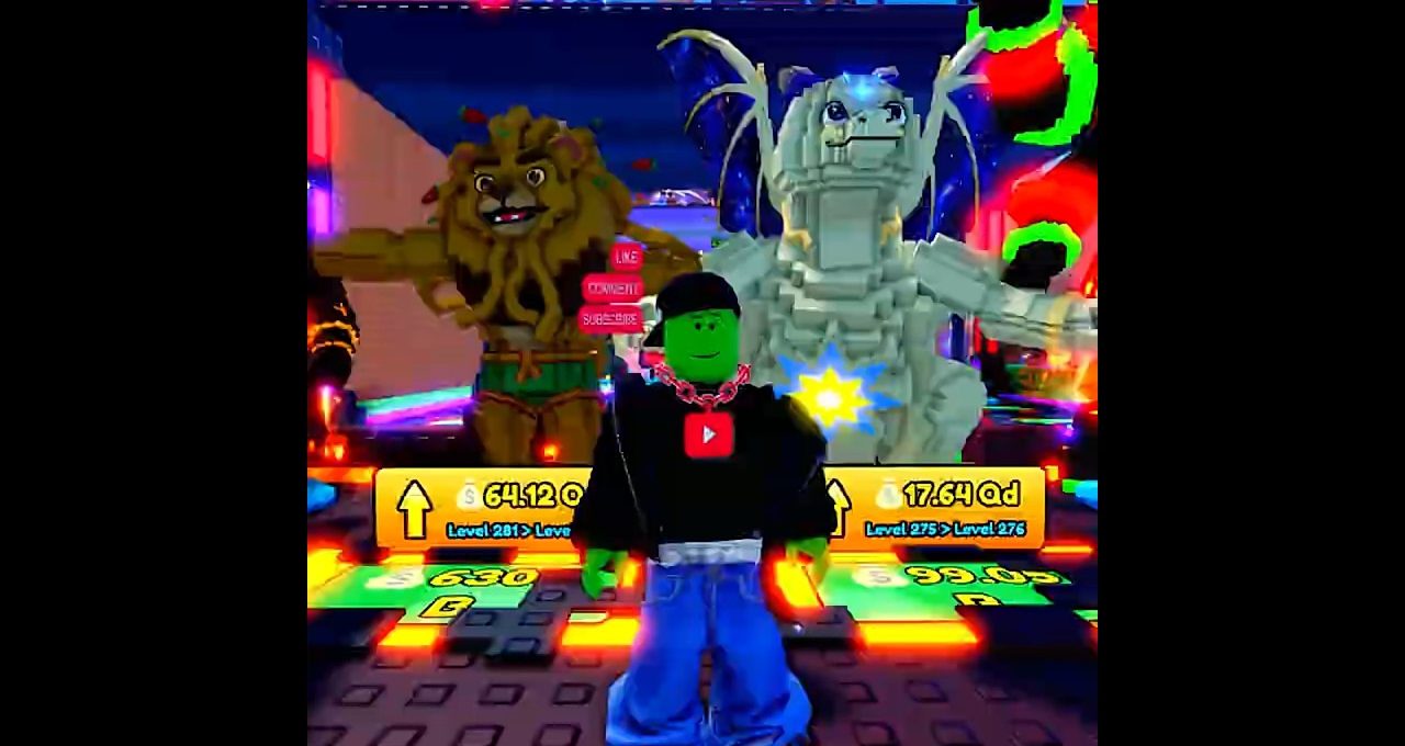 Roblox avatar with green face standing between lion and dragon characters on stage