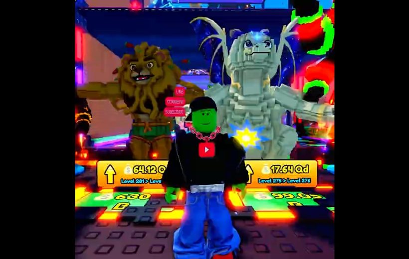 Roblox avatar with green face standing between lion and dragon characters on stage