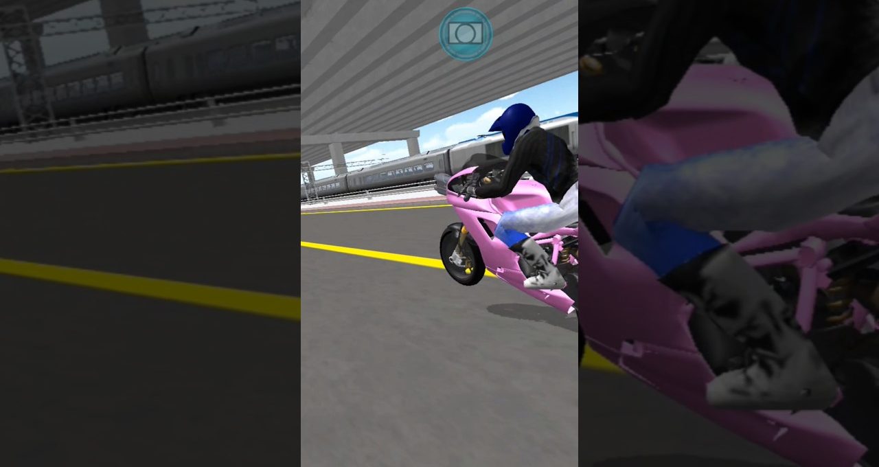 Rider in blue helmet leaning over a pink sport motorcycle on highway underpass