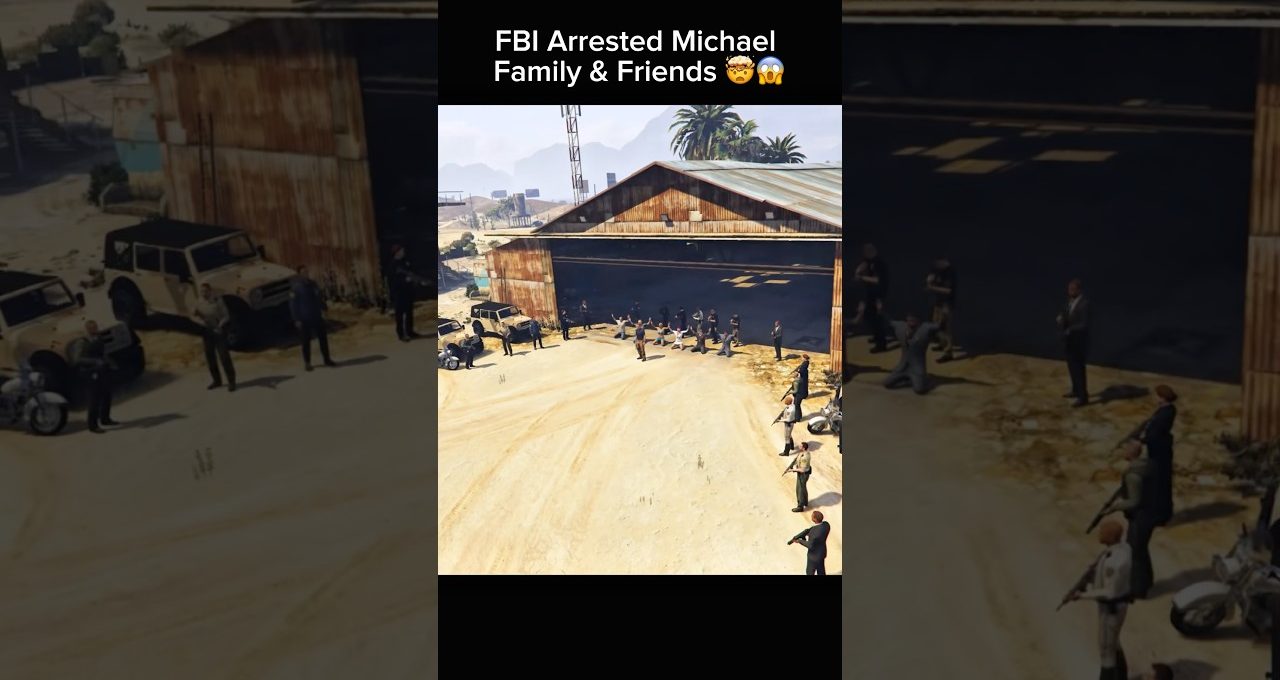 Agents surround a barn while suspects kneel and raise hands during an arrest scene