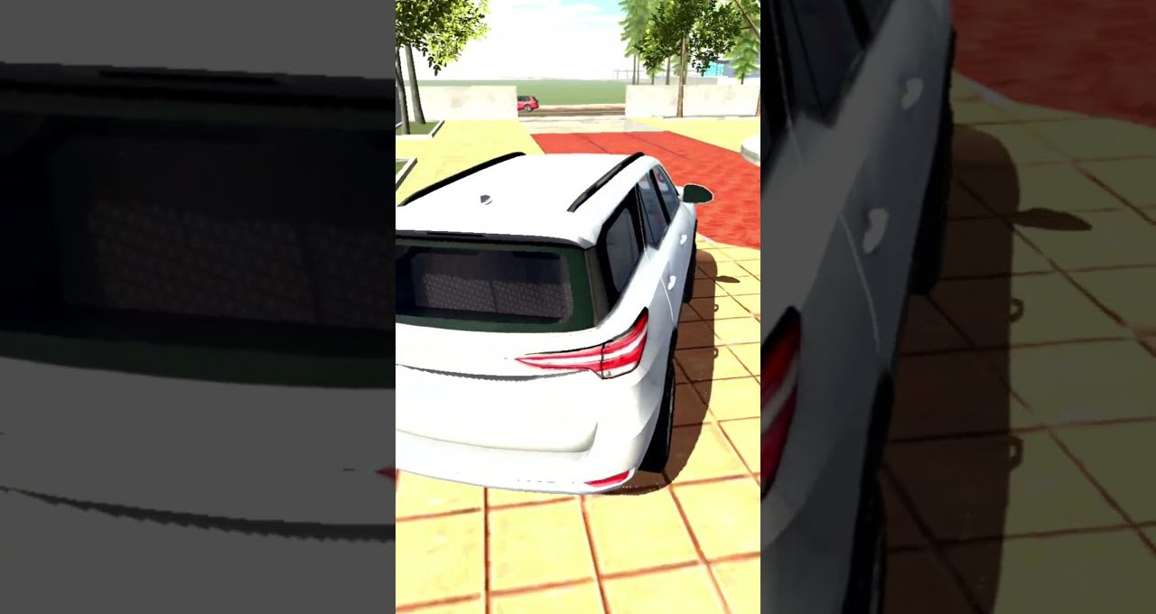 White SUV parked on tiled driveway near trees and a red circular pavement.