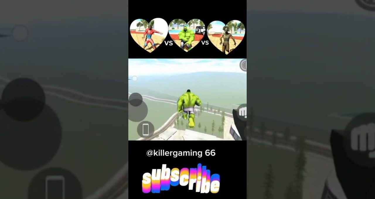 Green superhero character jumping off a rooftop in a mobile game interface.
