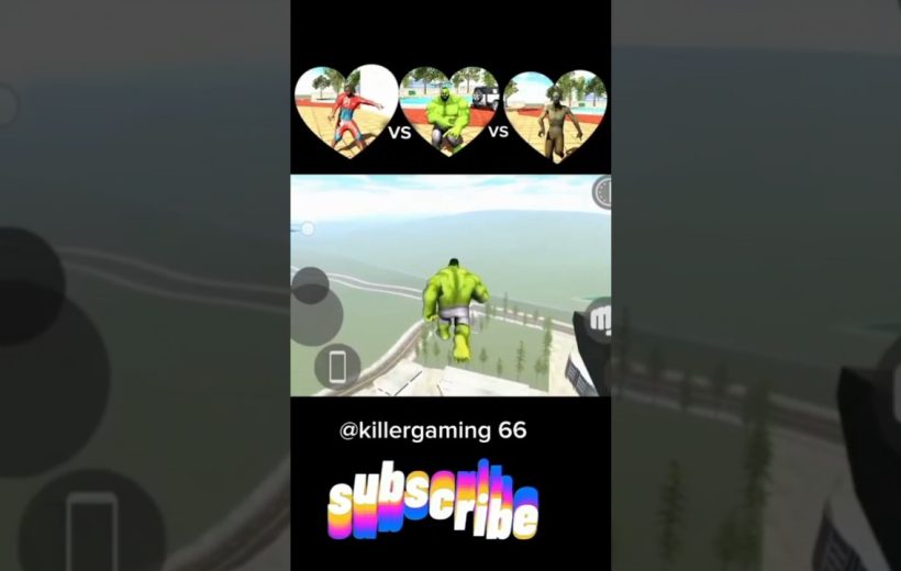 Green superhero character jumping off a rooftop in a mobile game interface.