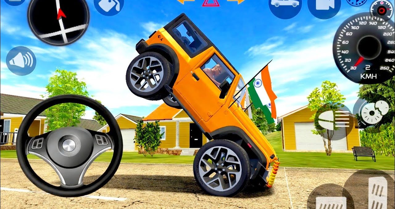 Bright orange SUV performing a wheelie stunt on a suburban road with dashboard icons