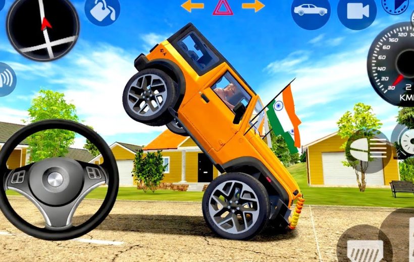 Bright orange SUV performing a wheelie stunt on a suburban road with dashboard icons