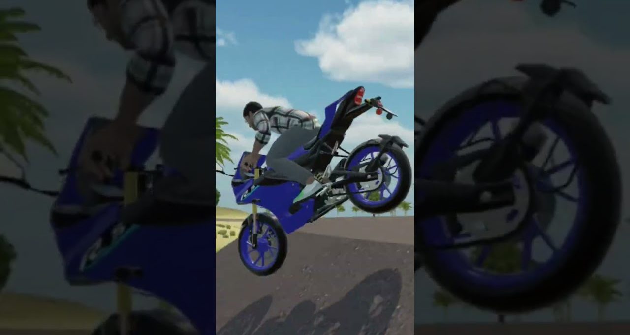 Man performing a wheelie on a blue sport motorcycle on a coastal road