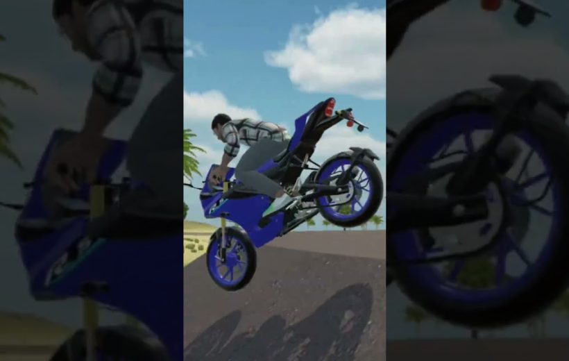 Man performing a wheelie on a blue sport motorcycle on a coastal road