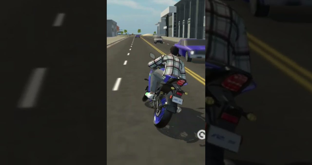 Rider wearing plaid shirt riding a blue sport motorcycle down a city street