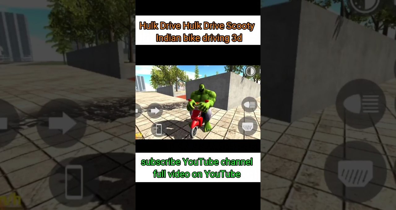 Green Hulk character rides a small red scooter in a 3D urban game scene