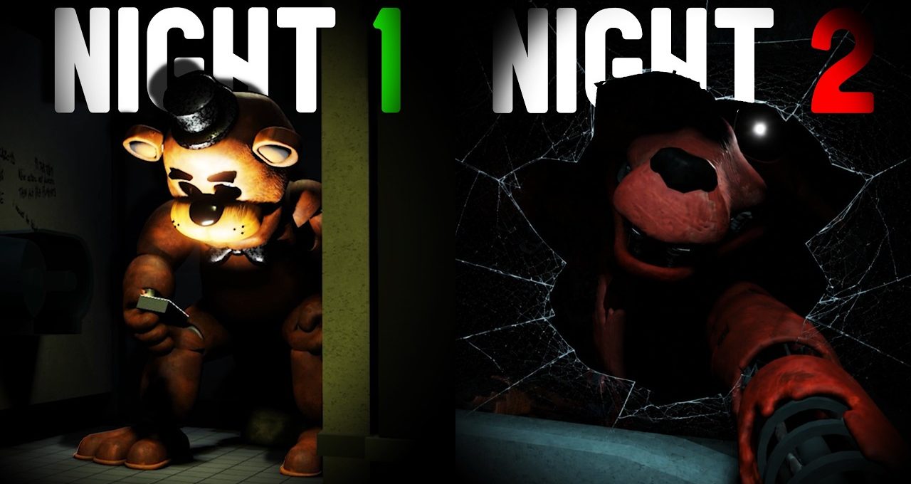 Two dark animatronic bears menacingly peering through rooms labeled Night 1 and Night 2