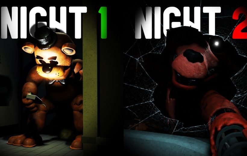 Two dark animatronic bears menacingly peering through rooms labeled Night 1 and Night 2