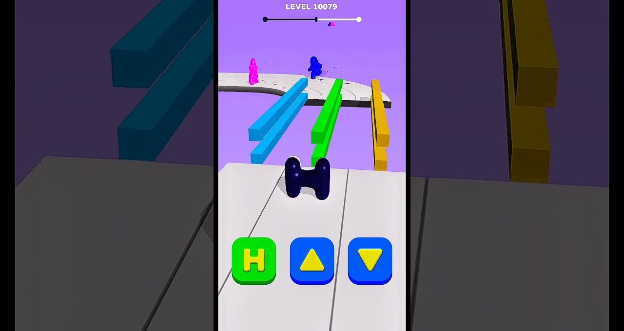 Mobile game screenshot showing a character navigating colored planks with three control buttons.