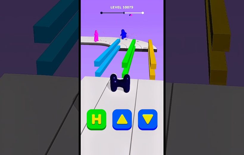 Mobile game screenshot showing a character navigating colored planks with three control buttons.