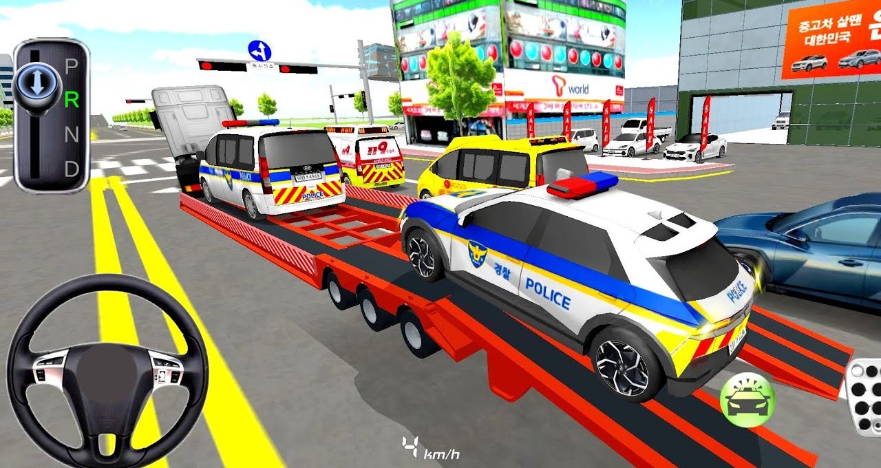 Tow truck loading multiple marked police vehicles on a city street near dealerships