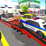 Tow truck loading multiple marked police vehicles on a city street near dealerships