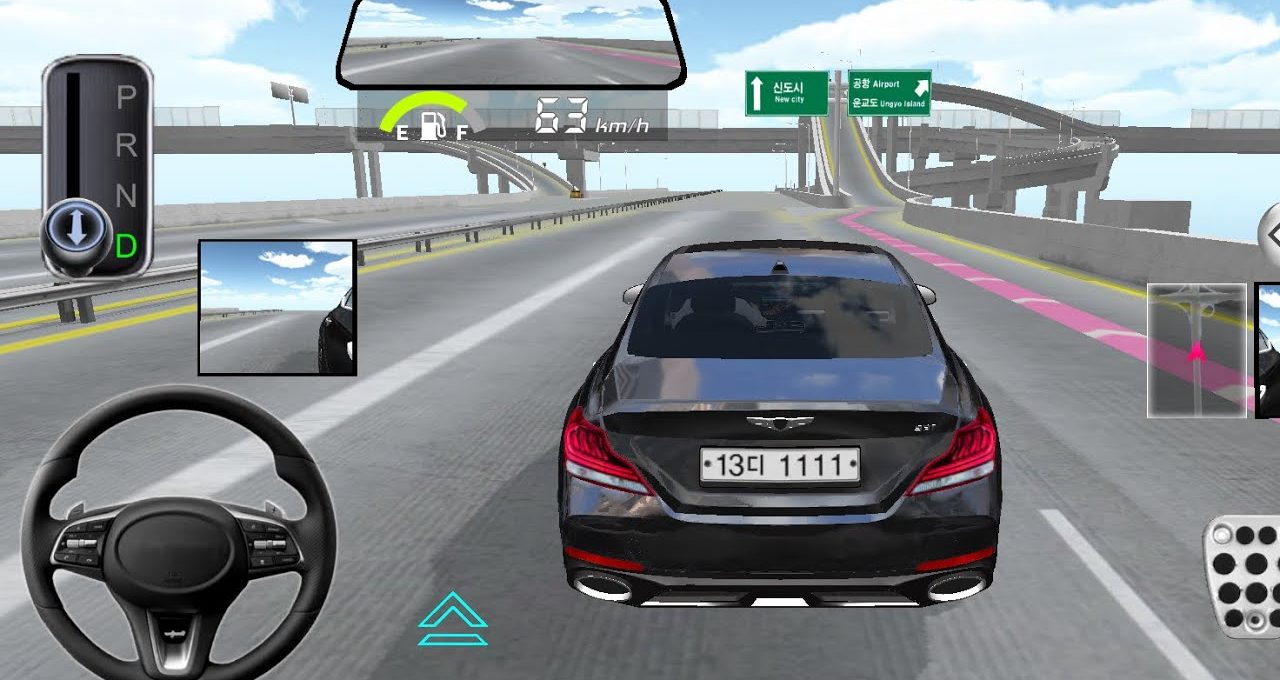 Rear view of a black sedan driving on a multi-level highway in a driving game
