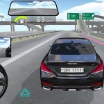 Rear view of a black sedan driving on a multi-level highway in a driving game