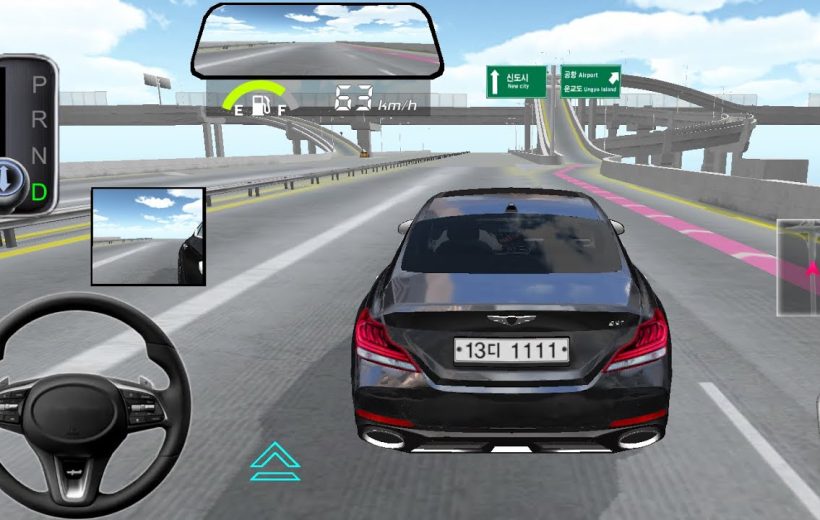 Rear view of a black sedan driving on a multi-level highway in a driving game