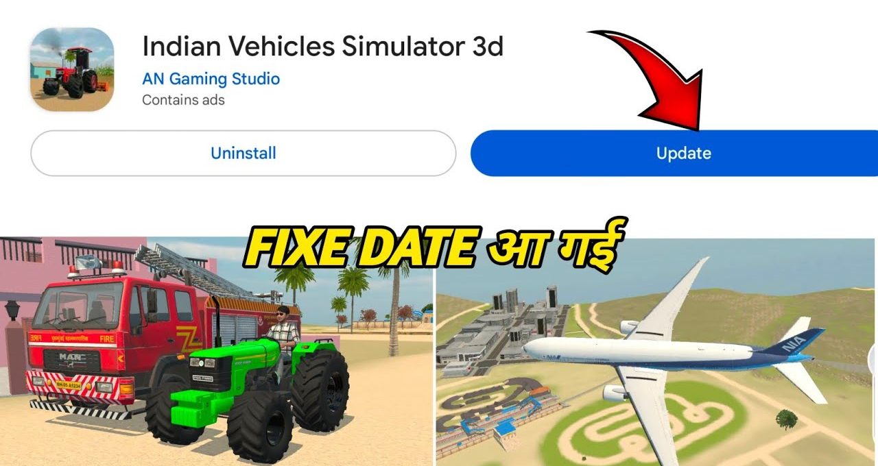 Mobile game listing and in-game scenes showing tractor, fire truck, and airplane.