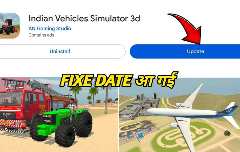 Mobile game listing and in-game scenes showing tractor, fire truck, and airplane.
