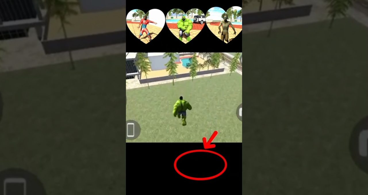 Green superhero character running across a grassy yard in a mobile game screenshot.