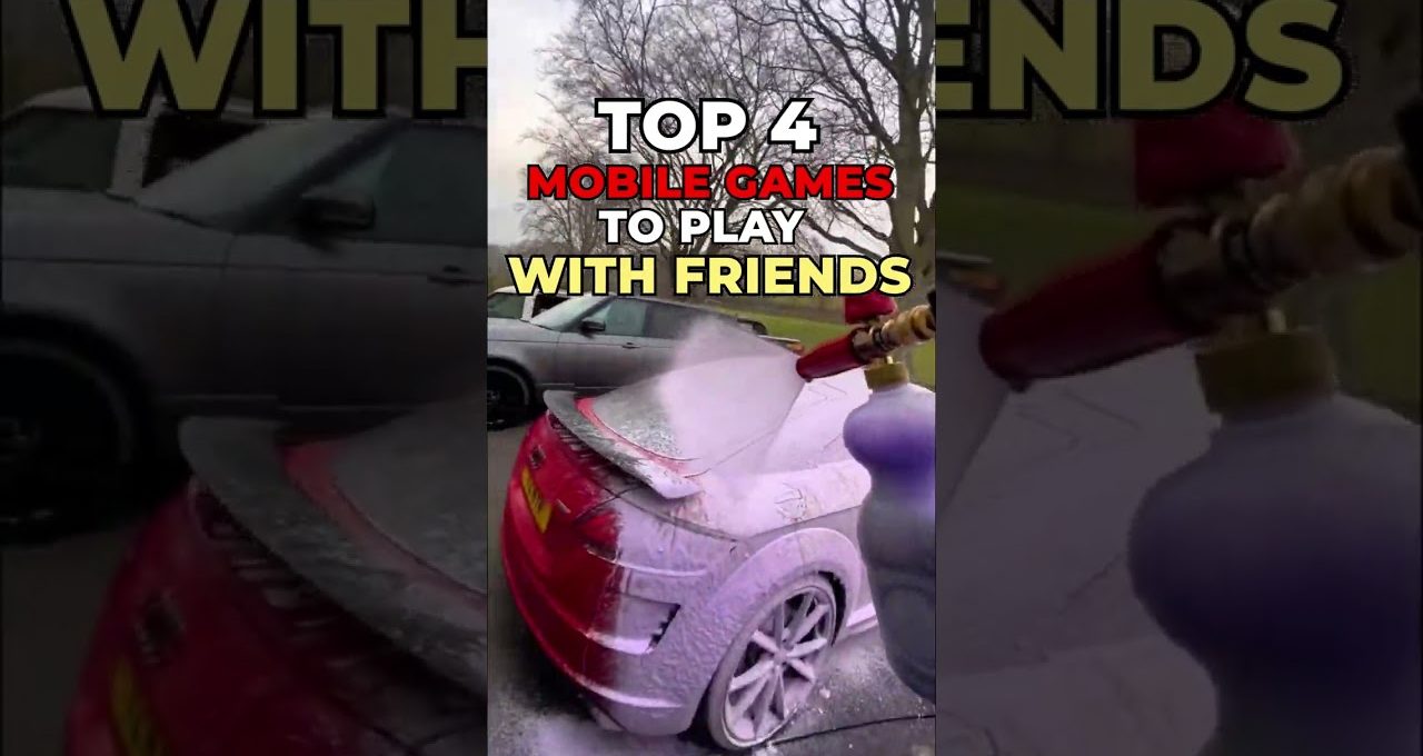 Red car being foam-washed in driveway with trees and text overlay about games