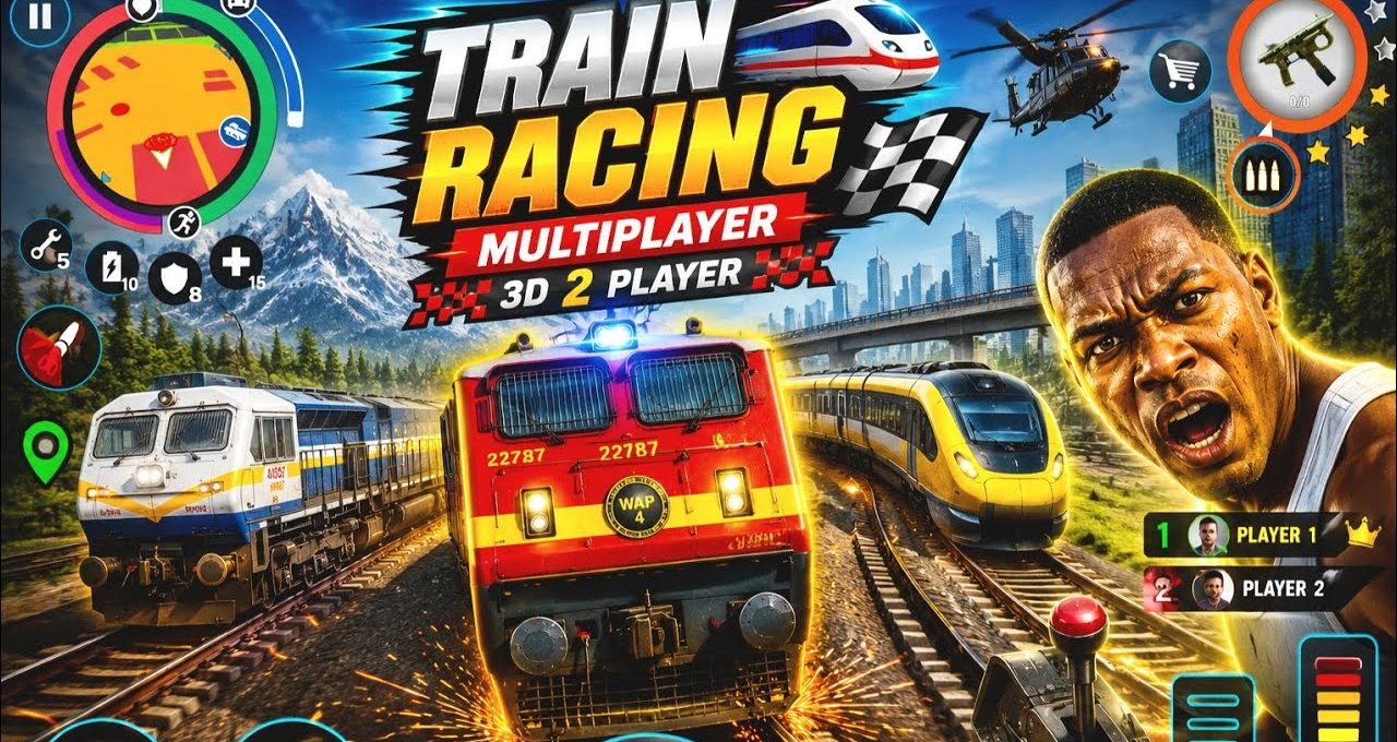 Colorful game cover showing three speeding trains, a shouting man, and game HUD.