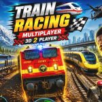 Colorful game cover showing three speeding trains, a shouting man, and game HUD.