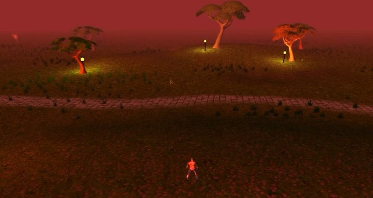 Solo character standing on dark plain facing lit trees and a stone path at dusk