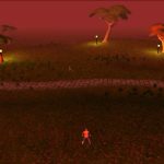 Solo character standing on dark plain facing lit trees and a stone path at dusk