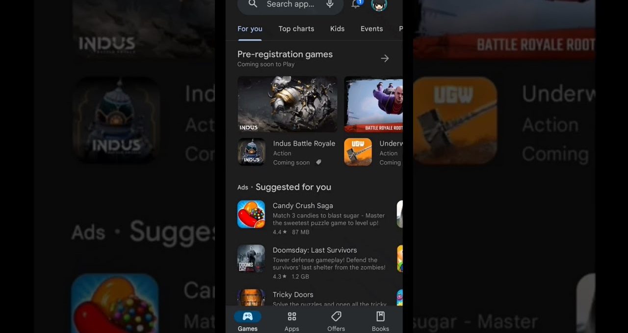 Smartphone screen showing Google Play Games tab with pre-registration and suggested apps list