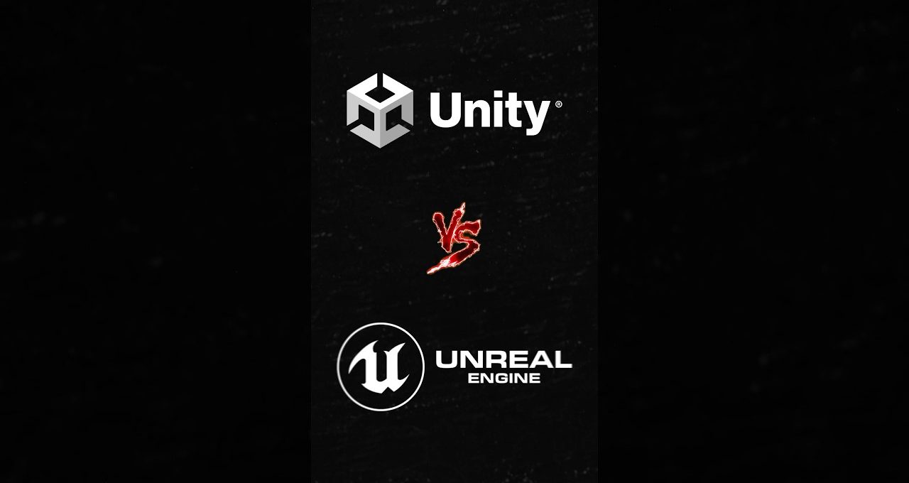 Unity logo above versus sign and Unreal Engine logo on dark textured background