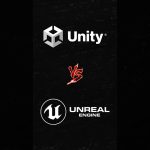 Unity logo above versus sign and Unreal Engine logo on dark textured background