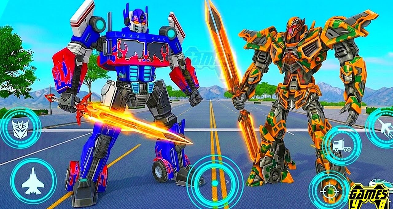 Two towering duel-ready robots with flaming swords facing off on a highway battlefield