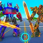 Two towering duel-ready robots with flaming swords facing off on a highway battlefield