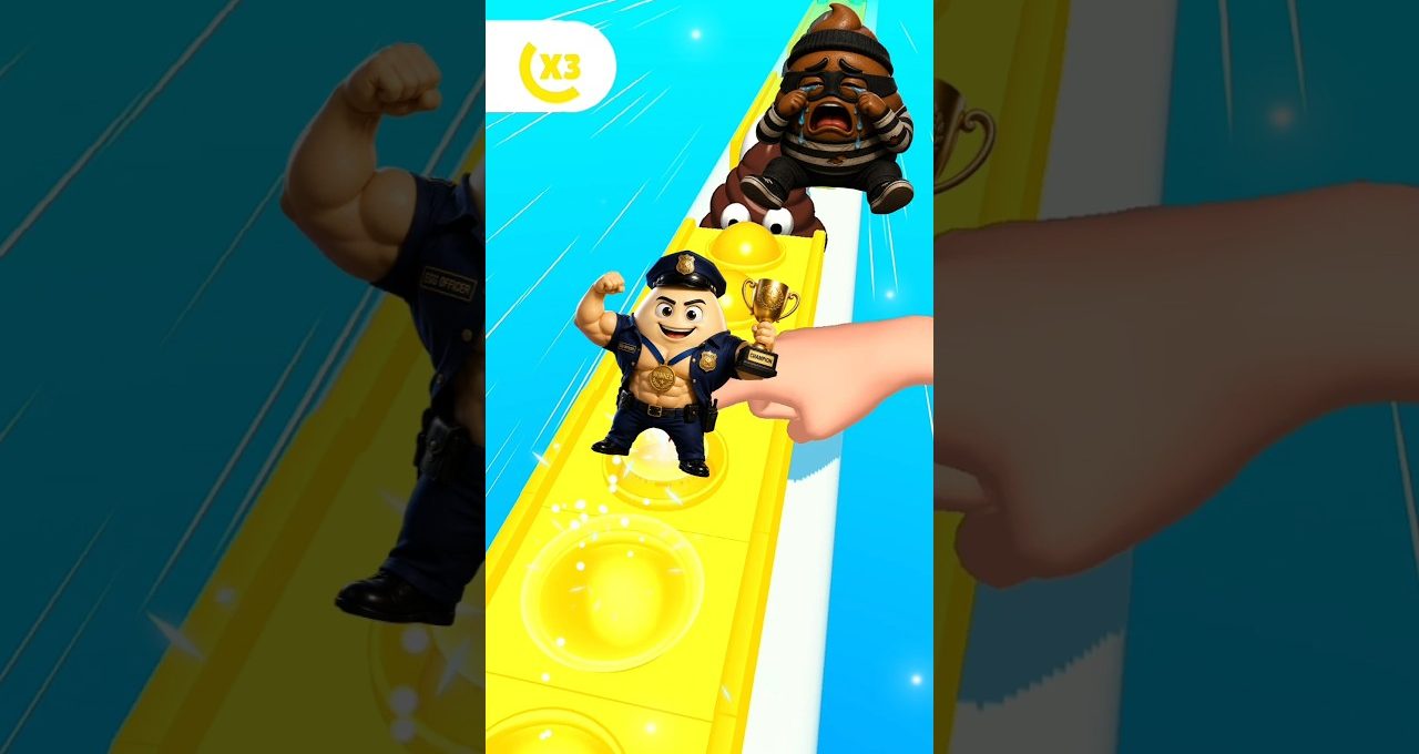 Cartoon police character holding trophy on yellow track with finger and fallen opponent