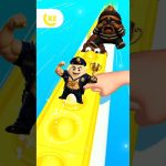 Cartoon police character holding trophy on yellow track with finger and fallen opponent
