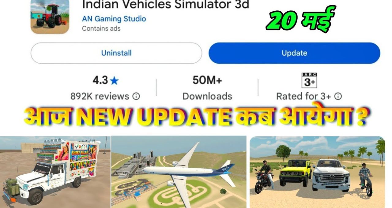 Mobile game listing showing Indian Vehicles Simulator 3D with screenshots and update prompt