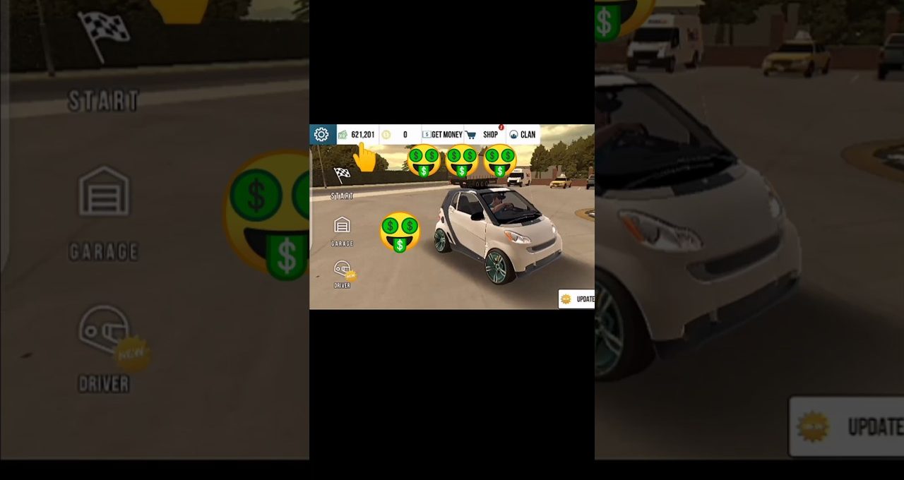 Small white compact car displayed in a driving game menu with money icons