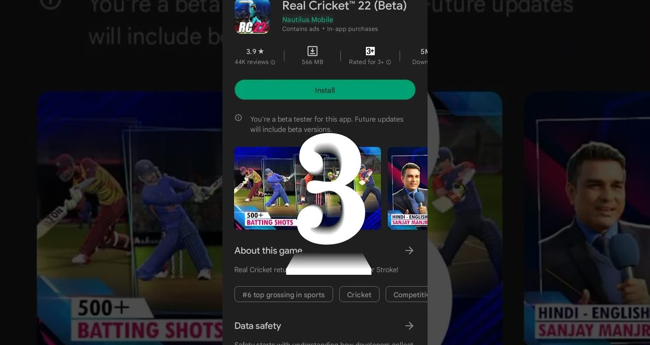 Google Play listing for "Real Cricket 22 (Beta)" showing install button and screenshots